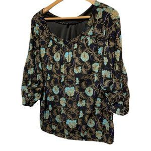 Blue/Black/Gold Floral & Paisley Print Top